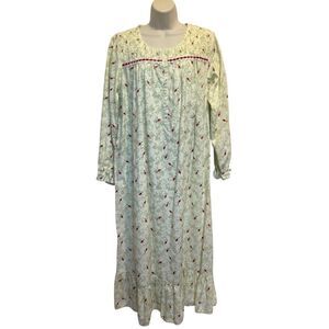 Laura Scott Flannel Nightgown Smocked Velvet Trim Floral Cardinal Print Sz L